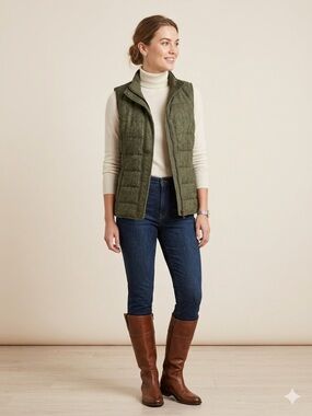 Jill Green Puffer Vest Tweed Texture Zip Snap Front Pockets Cozy Layer Sz L